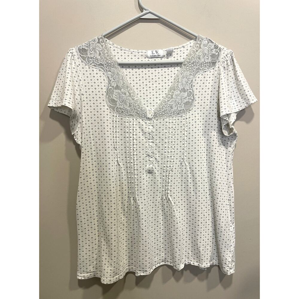 Eileen West White Gray Lace Trim Button Pajama Top Lightweight Women's Sz Med